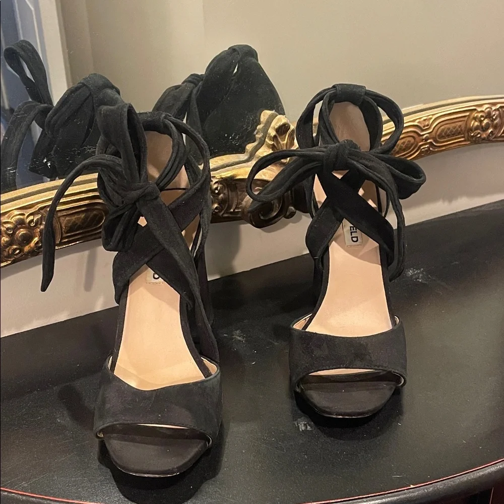 Karl Lagerfeld Black Suede Lace-Up Block Heel Sandals